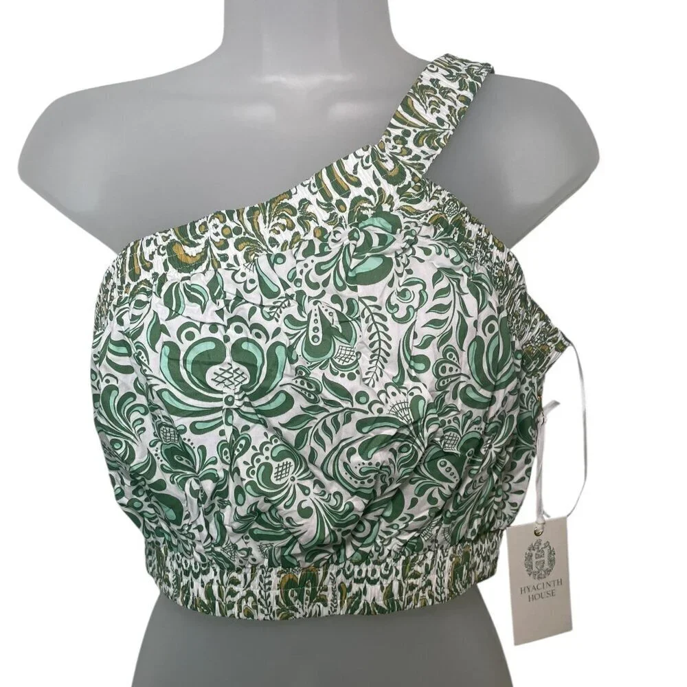 Hyacinth House Gina Crop Top Green Floral One Shoulder Cotton Size M NWT